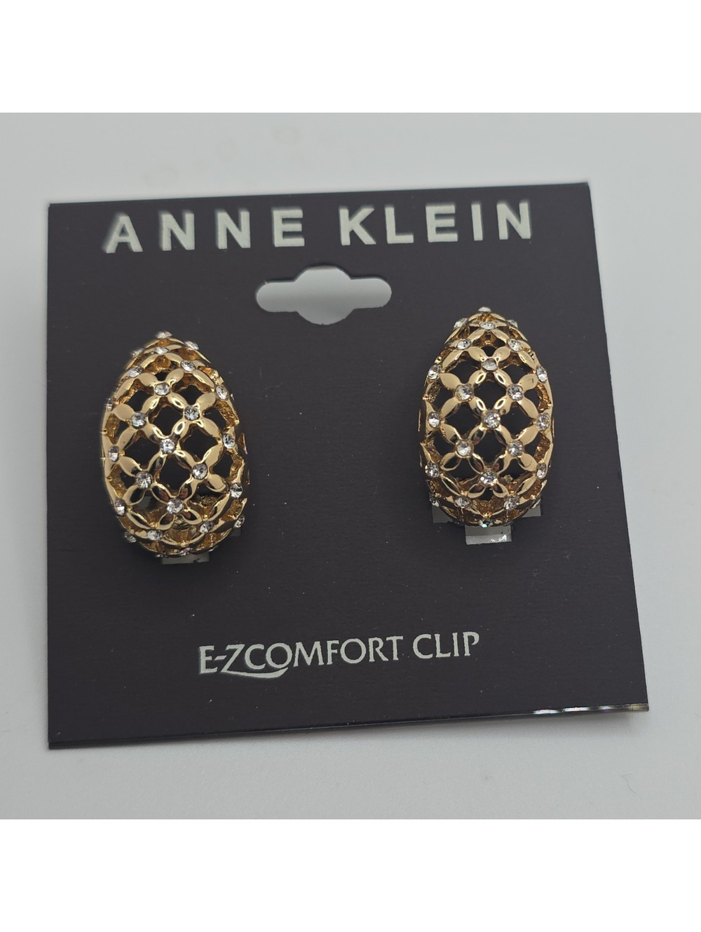 Anne Klein Gold Tone Clear Crystal Clip-On Stud Earrings Comfort Clip Lobe